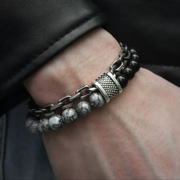 Other - Men's Tiger Eye Stone Beaded Bracelet Stainless Steel Link Chain bracelet